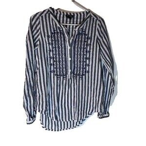 Lucky Brand Top S White Blue Stripe Embroidered Boho Chic Long Sleeve Blouse